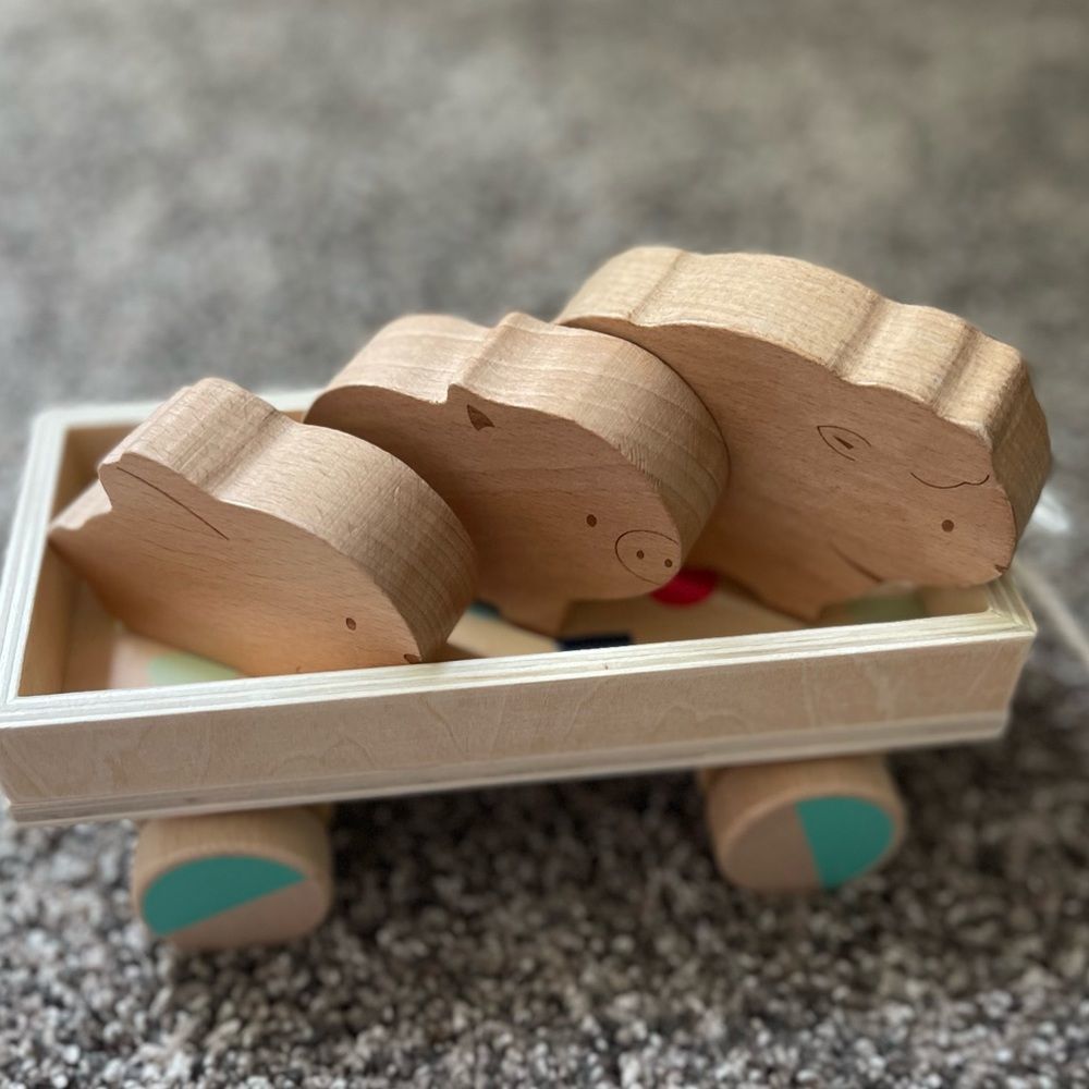 KiwiCo wooden pull wagon with wooden animals. Like new.